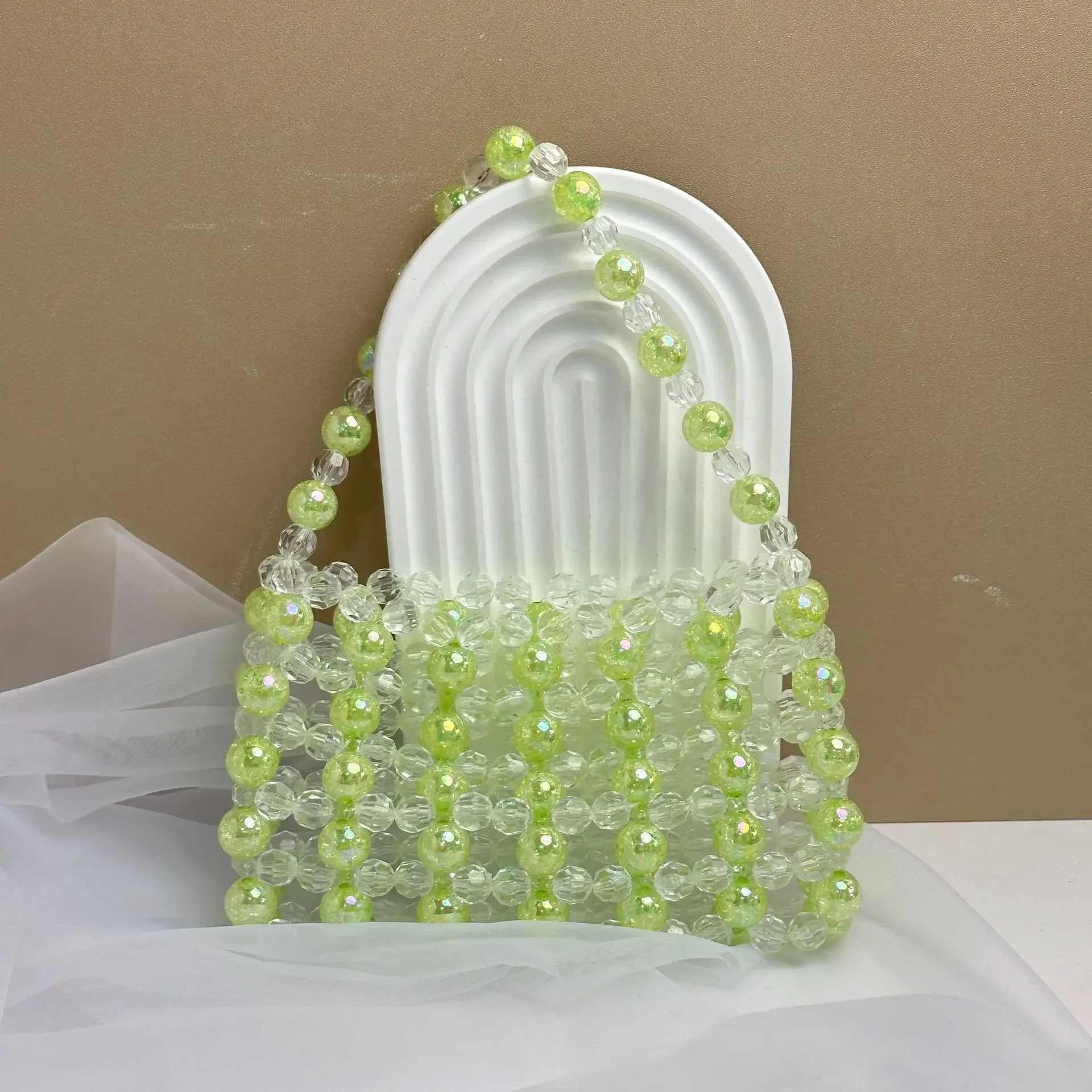 Sweet Colorful Pink Hollow Beaded Handbags Fine Hand-weave Beading Chain Tote Handbags For Women Prom Party Clutches Purses