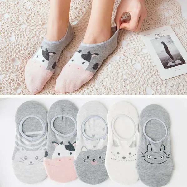 5 pairs Hot sale Cartoon Kawaii woman sock Mickey Minnie Donald winnie Daisy cotton girl slipper sock Funny invisible ankle sock Red