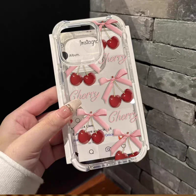 Charming Cherry Bow Print Soft Shockproof Transparent Silicone Case