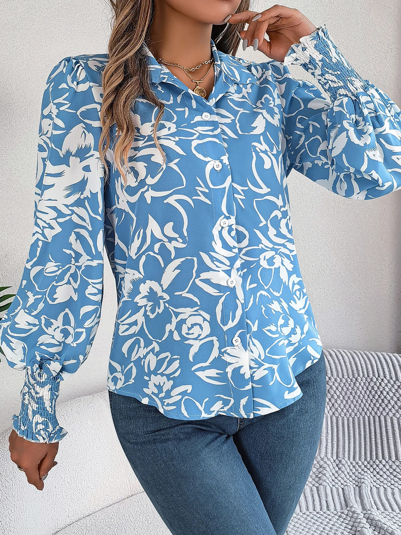 Elegant Flower Printed Chiffon Blouse for Women