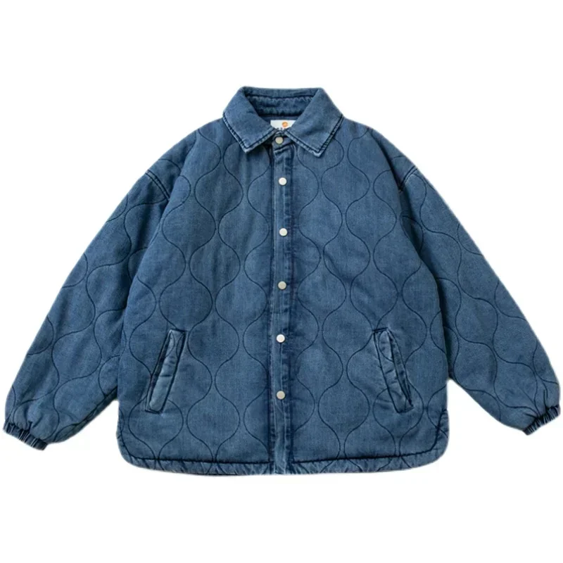 

Japanese Cityboy Loose Shoulder Sleeves Washed Denim Cotton Coat Men's and Women's Solid Color Padded Blue Jacket