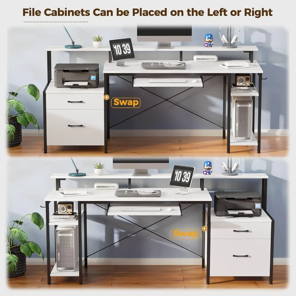 Computer Desk File Drawer, Gaming Desk with LED Light & Power Outlets, Home Office Desk with File Cabinet 6