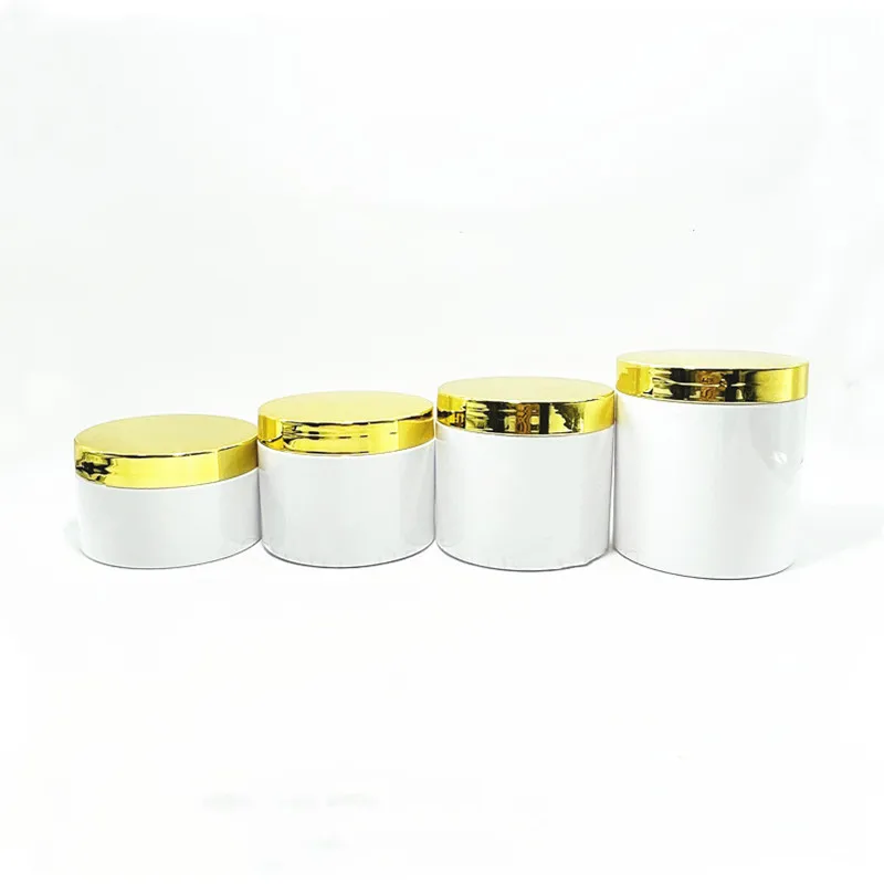 

50-500ml Plastic Containters Empty White Refillable Bottle Gold Lid PET Body Cream Jar Cosmetic Pots