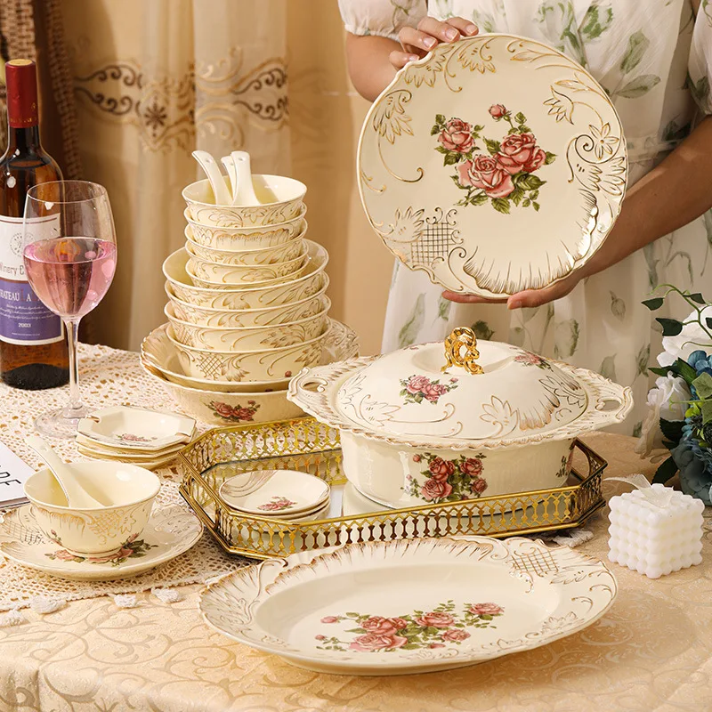 Beige Rose Painted Ceramic Plates Soup Bowls Rice Bowls Dessert Plates Dishes Kitchen Utensils Restaurant Service Boards