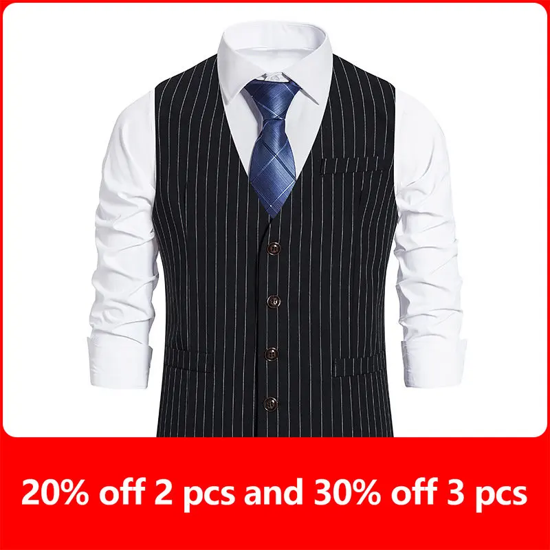 Autumn New Men's Business Casual Stripe Printing Single Breasted Vest Mens Classic Formal Wedding Suit Vintage Male Vest Jacket