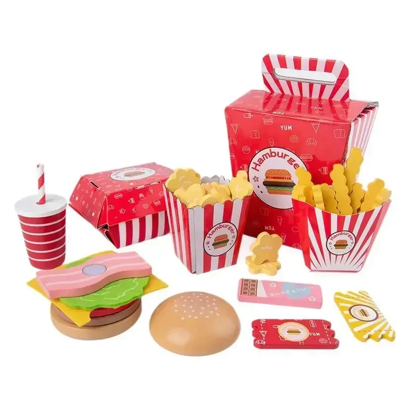 New Wooden Kitchen Pretend Play Toy Simulation Wooden Hamburger Chips Snack Baby Early Learning Educational Toys For Gifts Kids