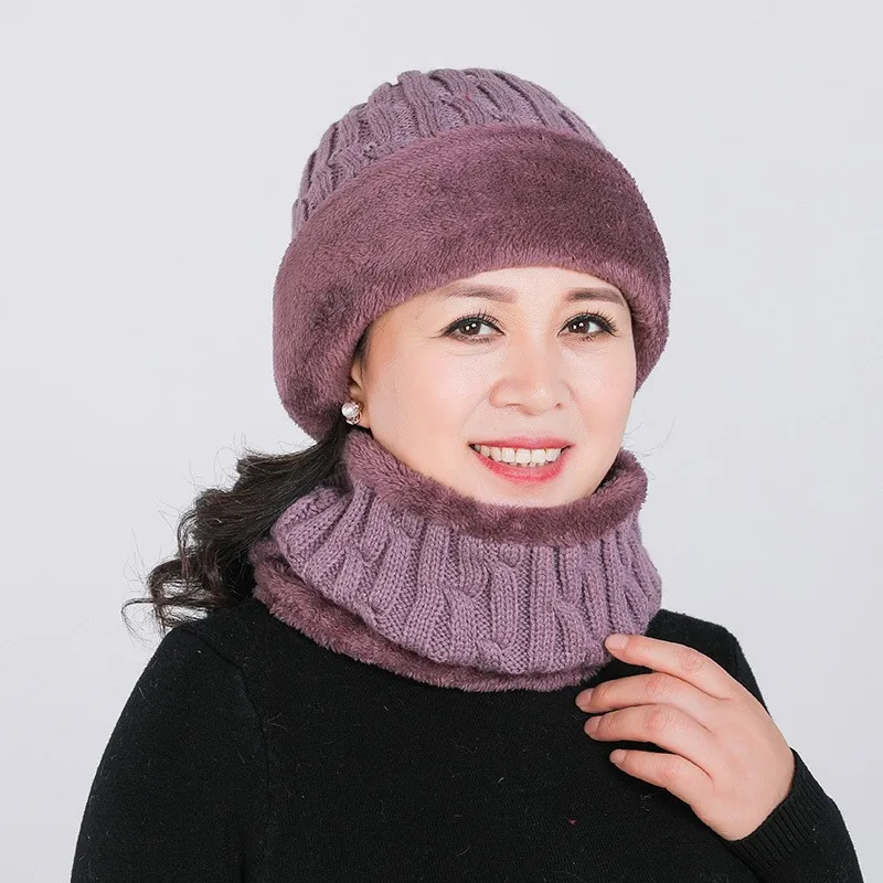 

Brand Autumn Winter Beanies Caps Women Warm Wool Elegant Flowers Knitted Hat Scarf Set Female Rabbit Hair Windproof Velvet Cap