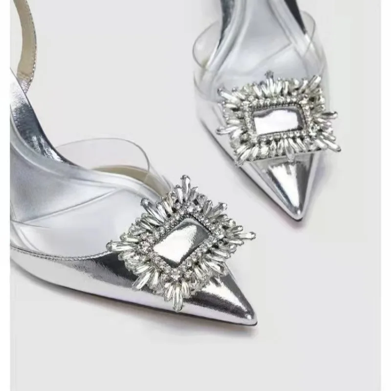 Designer Silver High Heels Sandals Women Summer Crystal Square Buckle Sandals Woman Pointed Toe Slingbacks Party Shoe