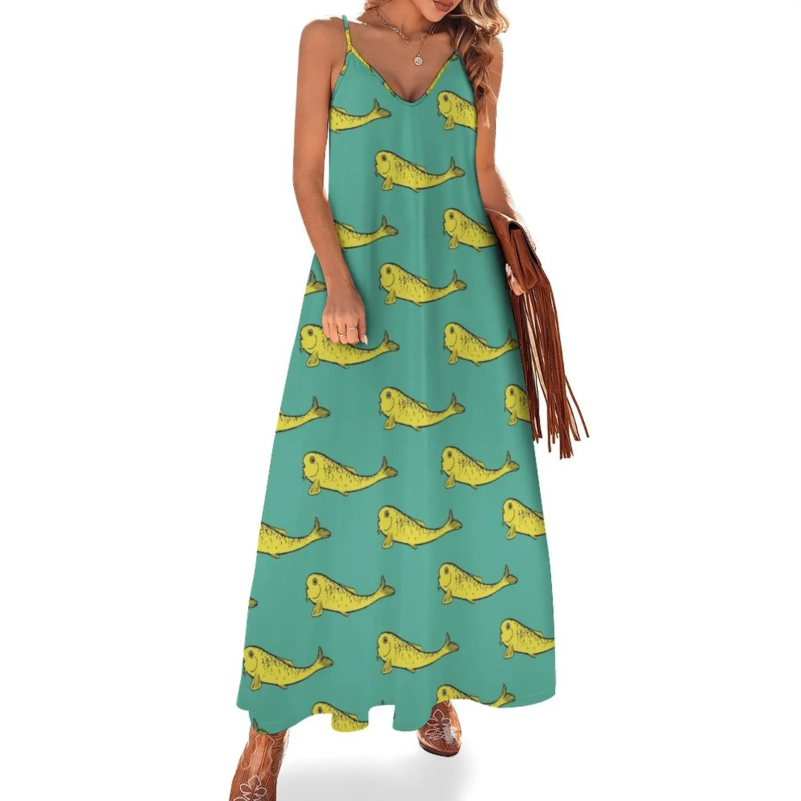 

Yellow Fish Pattern Sleeveless Dress Dress for girls luxury woman evening dress