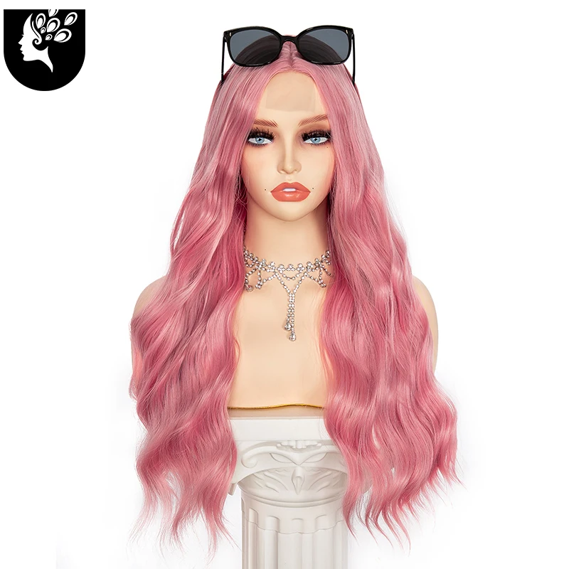 Long Pink Ginger Dark Body Wavy Middle Part Hair Wig Heat Resistant Synthetic Wig For Women Natural Wave Hair Cosplay Lolita Wig