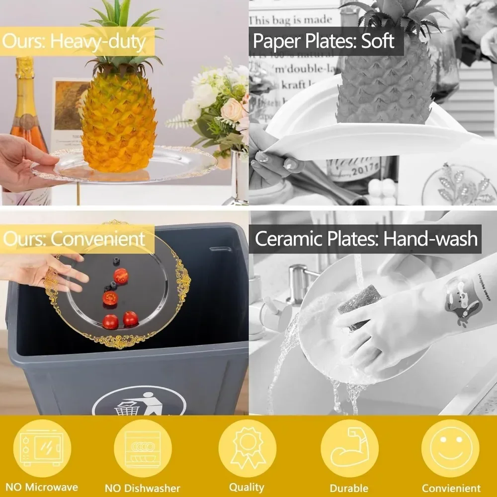 350 Clear Gold Plastic Plates, Clear Disposable Plates with Gold Rim, Party Plastic Tableware Set, Suitable for 50 Guests