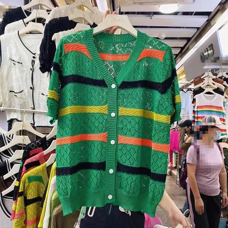 

DALMAZZO Thin Summer V Neck Knitted Cardigan Sweater Single-Breasted Short Sleeve Striped Loose Tops For Women 2023 New