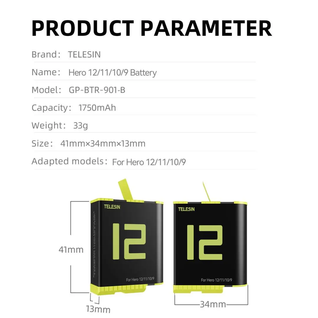 TELESIN 1750 mAh Battery No packaging GoPro Hero 12 11 10 9 3 Ways Fast Charger Box TF Card Storage GoPro Accessories