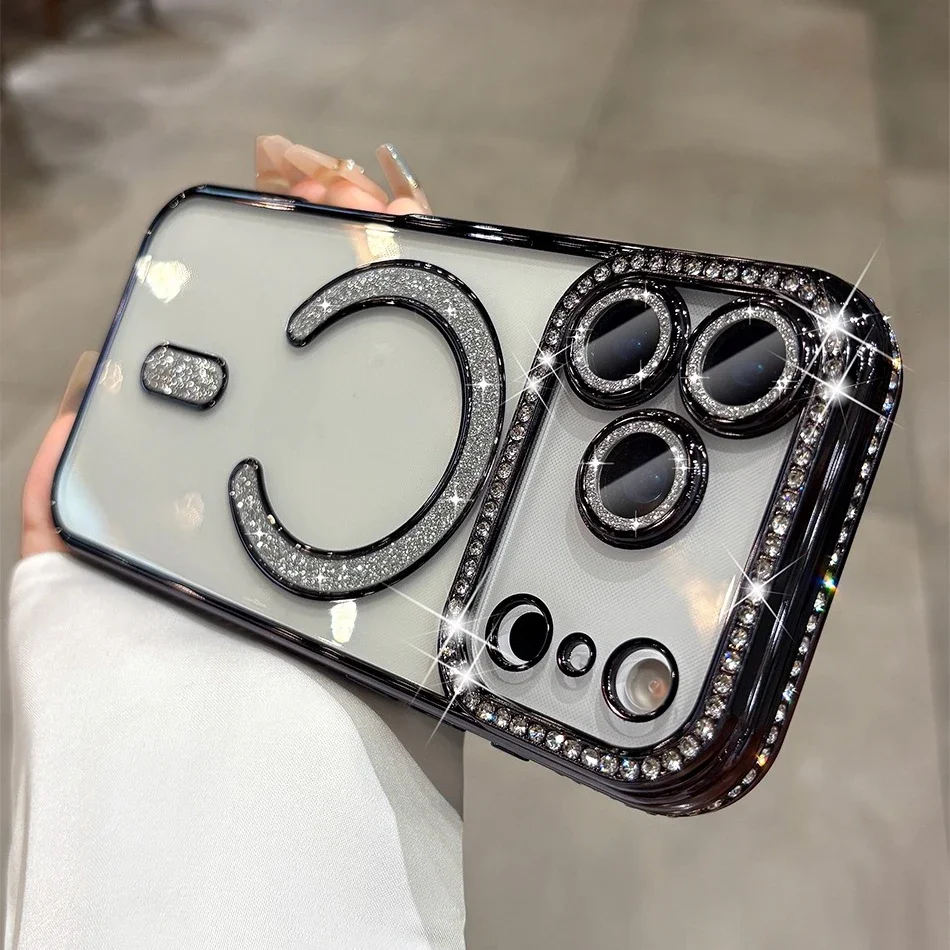 Luxury Bling Diamond Phone Case with Lens Film and Magsafe Cover
