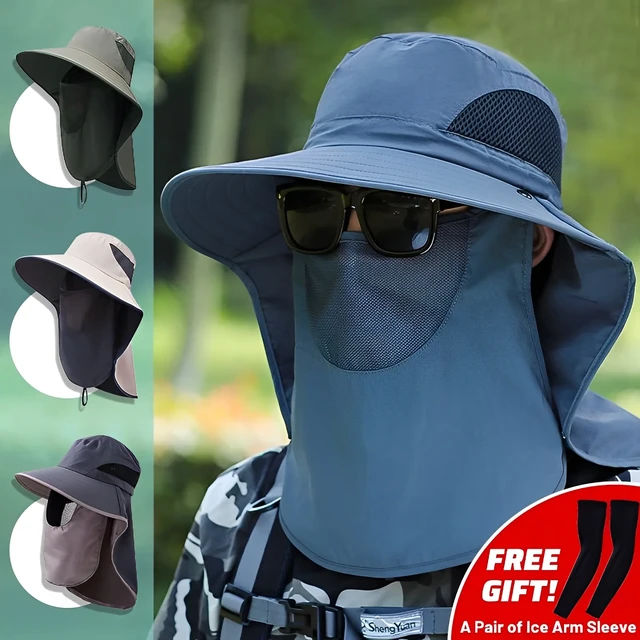 4 Set Sun Hat Fishing Hats UPF 50+ Outdoor Hiking Hat UV Sun Protection Hat  with Neck Flap Face Mask and 4 Pack Arm Sleeves