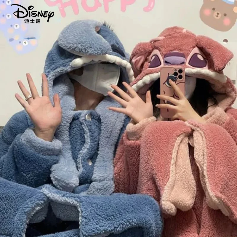 

Disney Stitch Angel Hooded Pajamas Y2k Couple Kawaii Coral Fur Home Fur Set Women Winter Warm Plush Women Pajamas Lovers Gifts