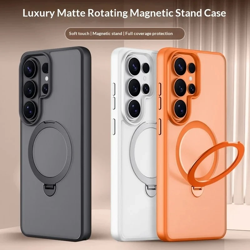 Magnetic Matte Phone Case with Metal Ring Stand Holder and Contrast Color Frosted Cover