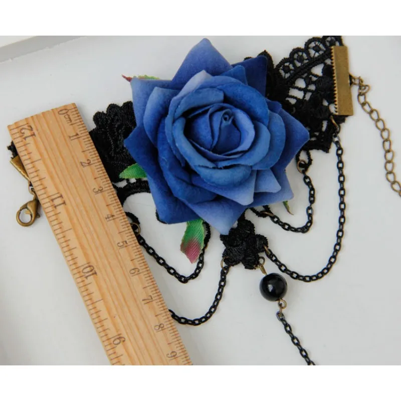 Blue Fairy Rose Hollow Lace New Bracelet with Ring Halloween Ball Accessories Punk Jewelry Chain Tassel Cosplay Props