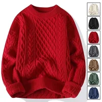 Red Knitted Sweater Men's Winter Fashion Thick Twisted Cable Knit Christmas Couple's Crew Neck Pullover Autumn Winter Coat