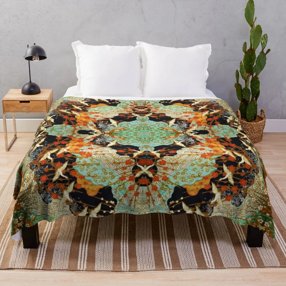 

FLYING CRANES AND SPRING FLOWERS Antique Japanese Floral Throw Blanket Single Blanket Personalized Gift