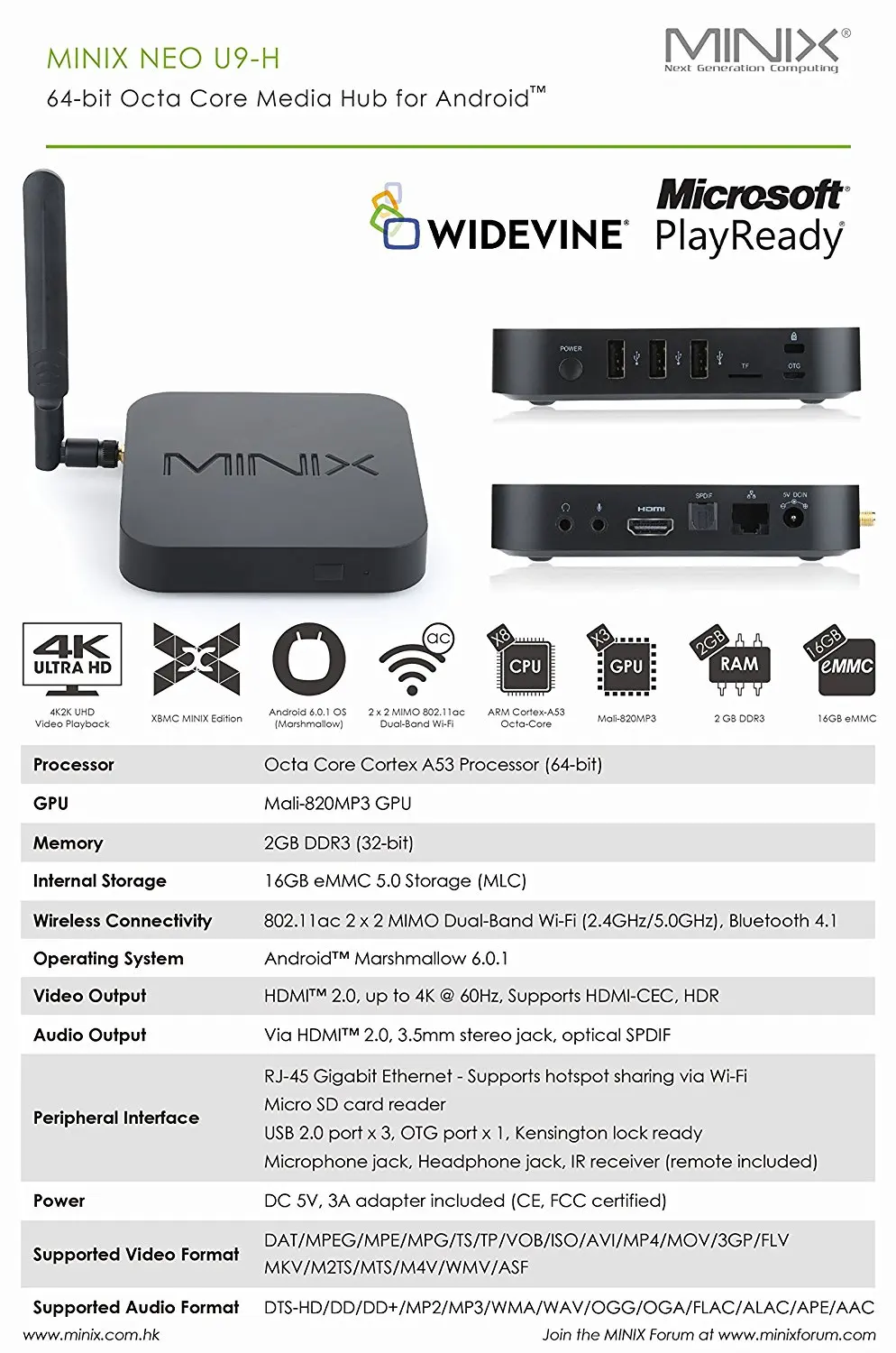 MINIX NEO U9-H Android media player, Amlogic S912-H, Octa Core 2G