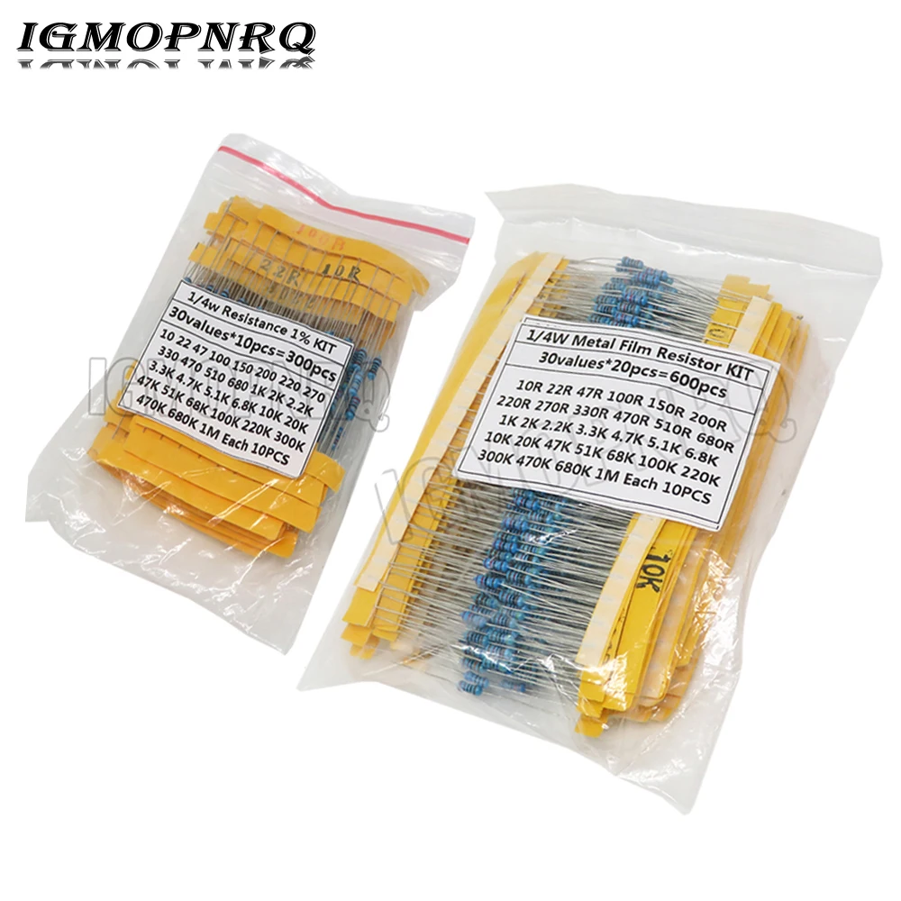 600PCS/set 30 Kinds 1/4W Resistance 1% Metal Film Resistor Pack Assorted Kit 220ohm 470R 1K 10K 20K 100K 1M Resistors 300PCS/Set metal film resistor,metal film resistors