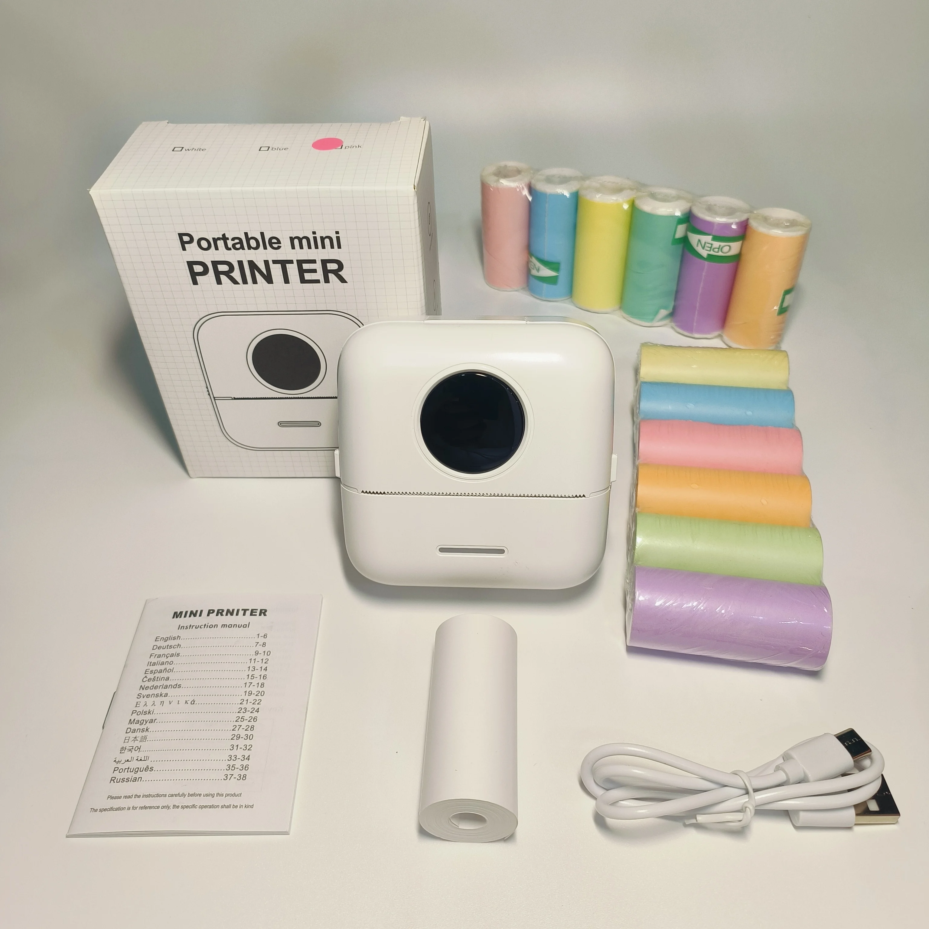 귀여운 휴대용 무선 미니 프린터 라벨 메이커 키트 (6색 감열지 및 6개 스티커 롤 포함), 야외/파티/부모님께 이상적