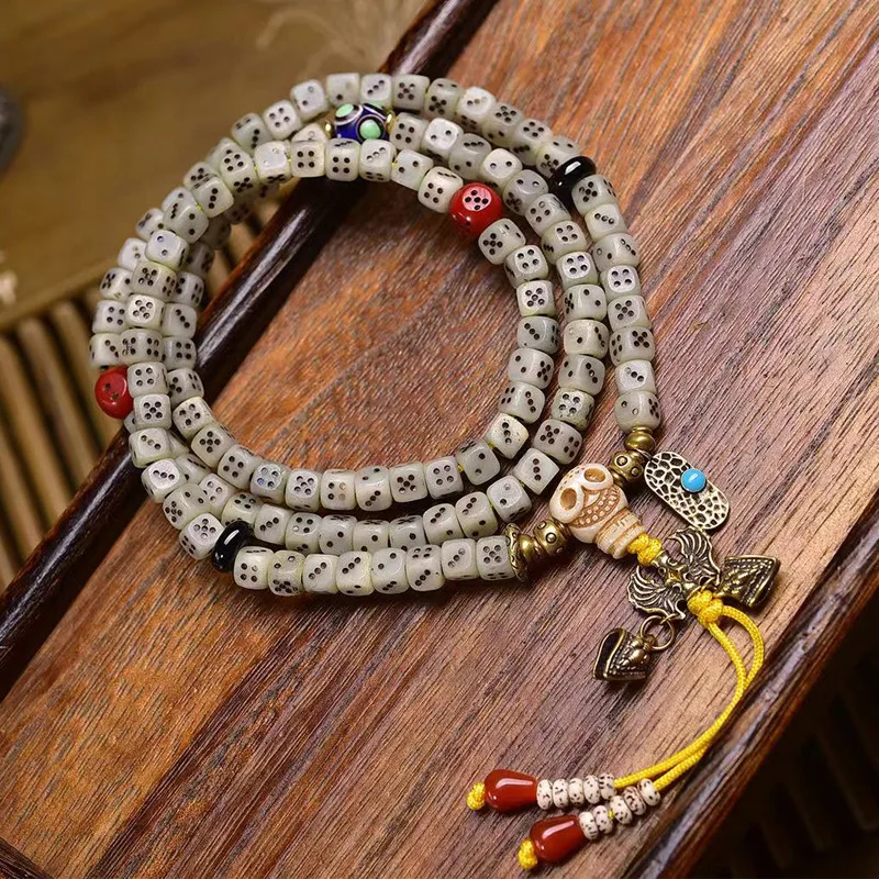 Tibetan Return 108 Buddhist Prayer Beads Multi-circle Bracelet Ox Bone Three-way Agate Material Accessories necklace 3