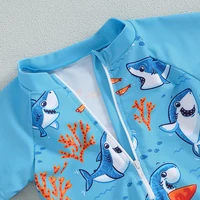 Fashion New Baby Boys Swimsuit 3CS Summer Rash Guard Beachwear Set Short Sleeve Shark Tree Print Top Shorts Hat Toddler Swimwear 5