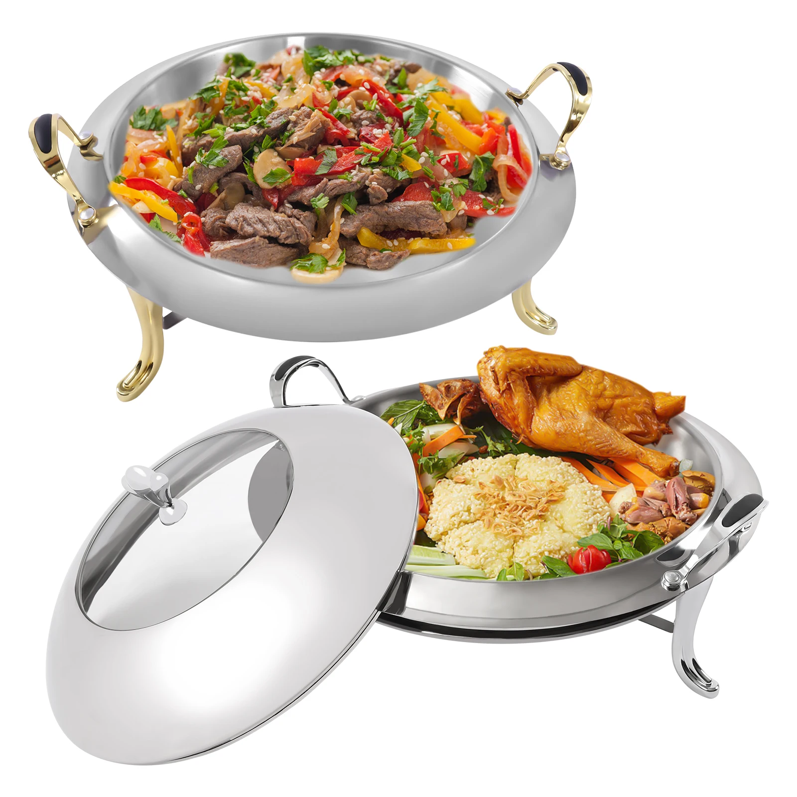 Silver/ Gold Chafing Dish Stainless Steel Round Durable Buffet Warmer Tray Durable Frame with Lid and Chafing Fuel Holder