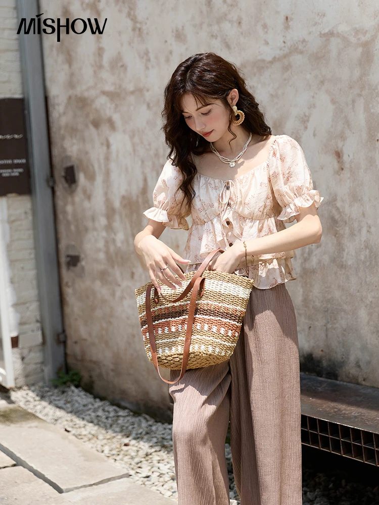 MISHOW French Floral Print Square Neck Shirt for Women 2025 Summer ...