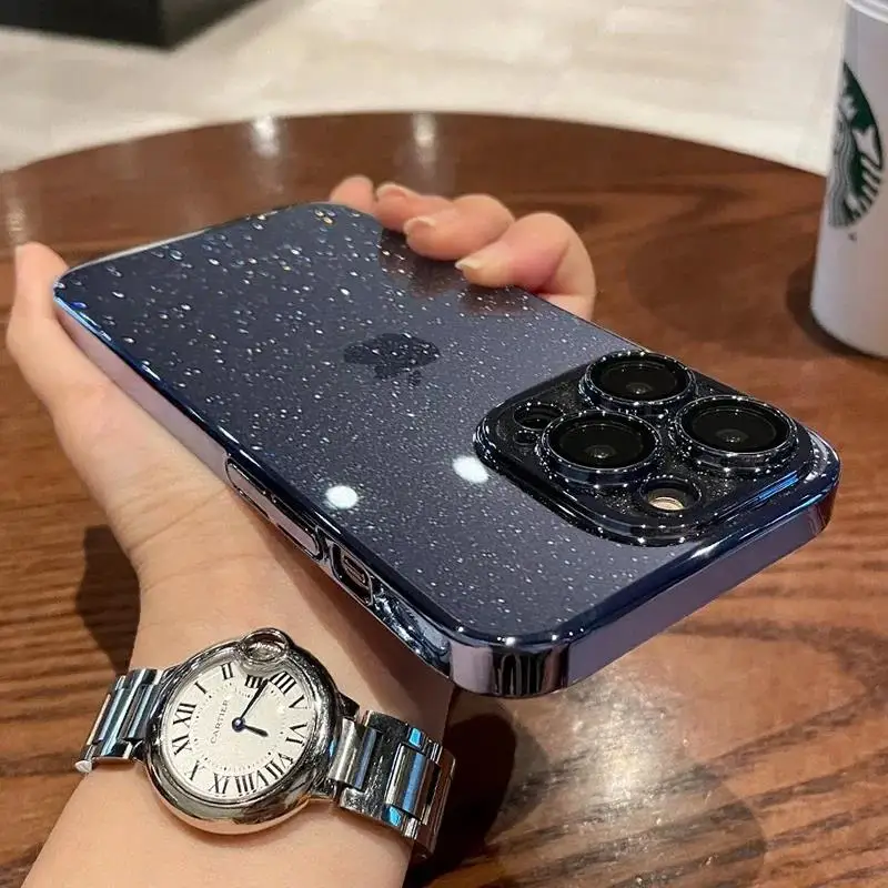 Luxury Transparent Glitter Phone Case with Electroplated Bumper and Shockproof Clear Back Cover