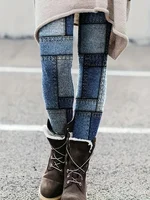 Plus-size Women's Fashion High-waisted Leggings Casual Imitation Denim Plaid Elastic Printed Leggings Casual Foot Pants