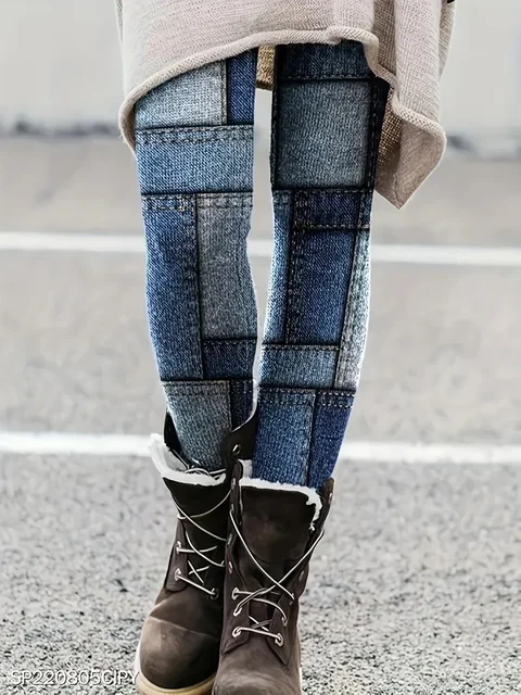 Plus-size Women's Fashion High-waisted Leggings Casual Imitation Denim Plaid Elastic Printed Leggings Casual Foot Pants