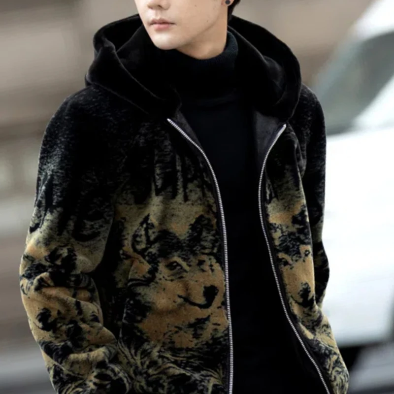 Autumn Winter New Fashion Long Sleeve Hoodies Leopard Lamb Wool Trench Men's Clothing Korean Zipper Warm All-match Trend Tops
