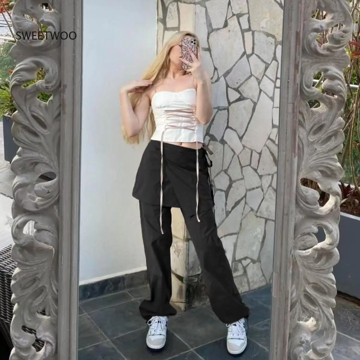 New Drawstring Low Waist Y2K Skirt Cargo Pants Women Pockets Design Streetwear Joggers Womens Vintage Casual Hippie Sweatpants