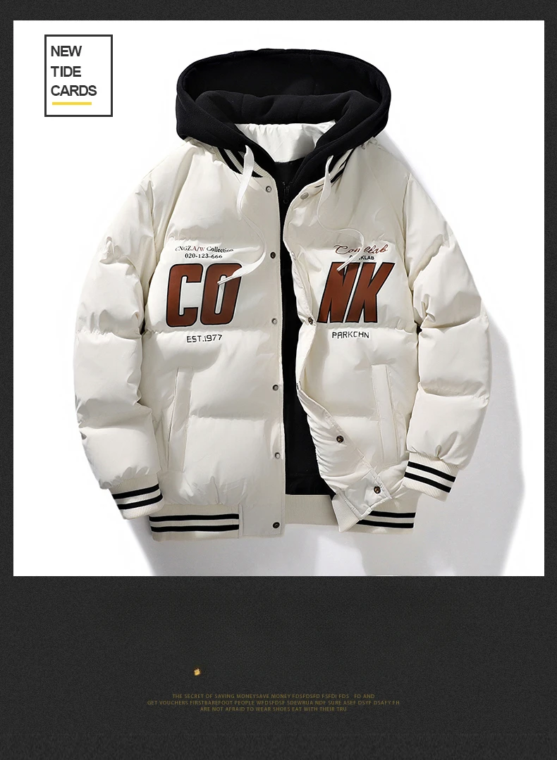 New trendy brand hooded fake two-piece cotton jacket men's thickened Korean version American bread jacket down cotton jacket
