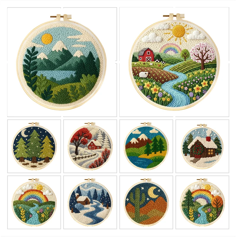 Punch Needle Kits Landscape Fun Punch Needle Yarn Embroidery Kit For Beginners Crafts For Adults Needlework Supplies Gift 20x20c 1