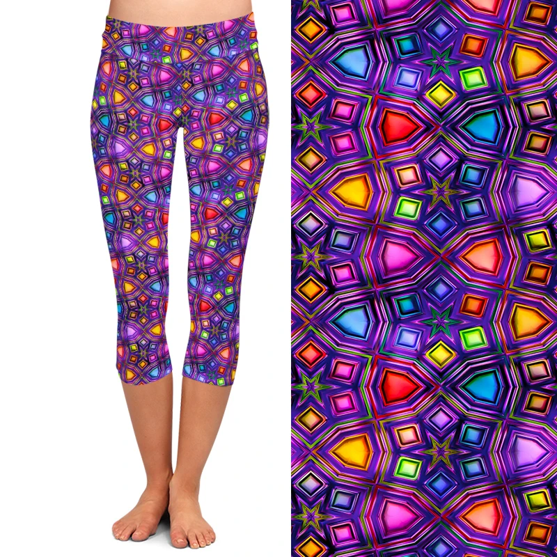 LETSFIND 3D Abstract Bright Shiny Colorful Geometric Shapes Print Women Capri Leggings Fashion High Waist Soft Pants
