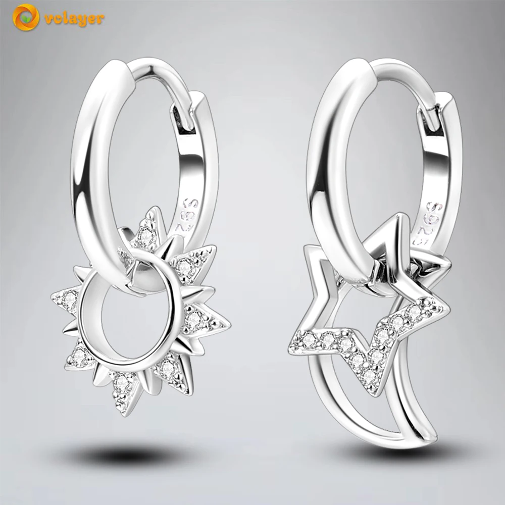 

Volayer 925 Sterling Silver Earrings Sun, Moon and Stars Hoop Earrings for Women Female Fashion Jewelry Gift Free Shipping