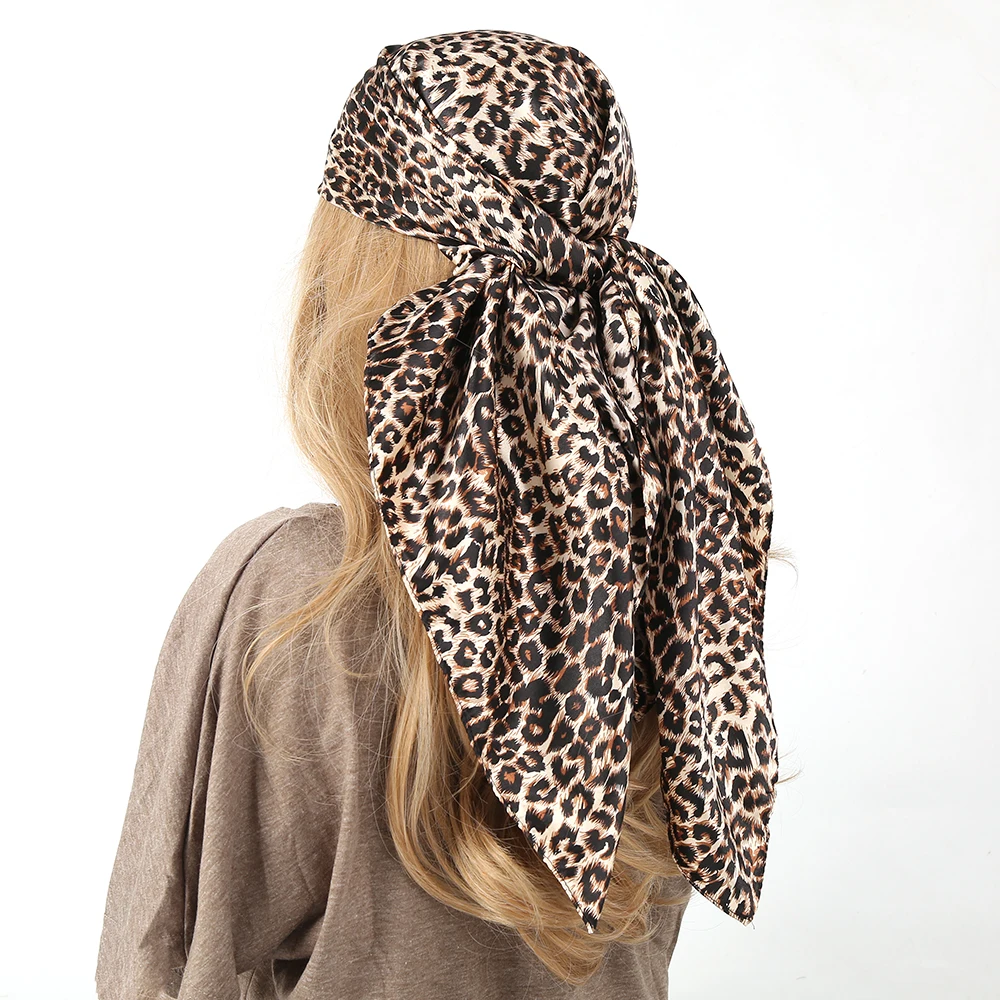 Leopard Silk Scarf Women Summer Beach Vacation Foulard Soft Satin Shawl Kerchief Square Scarfs Neck Headscarf 90*90cm 2