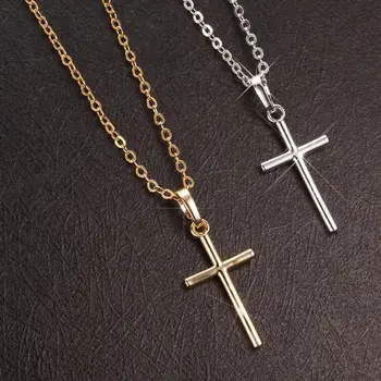 Fashion Christian Jesus Cross Necklaces Silver Color Long Chain Simple Pendants For Women Men Jewelry Gifts