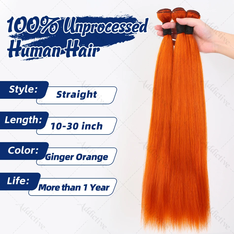 Ginger Orange Straight Bundles Human Hair Original Colored Raw Hair Bundles Double Weft Virgin Extensions Quick Weaving