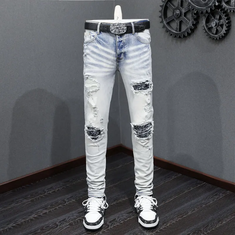 High Street Fashion Men Jeans Retro Light Blue Stretch Skinny Fit Ripped Jeans Men Paisley Patched Designer Hip Hop Brand Pants