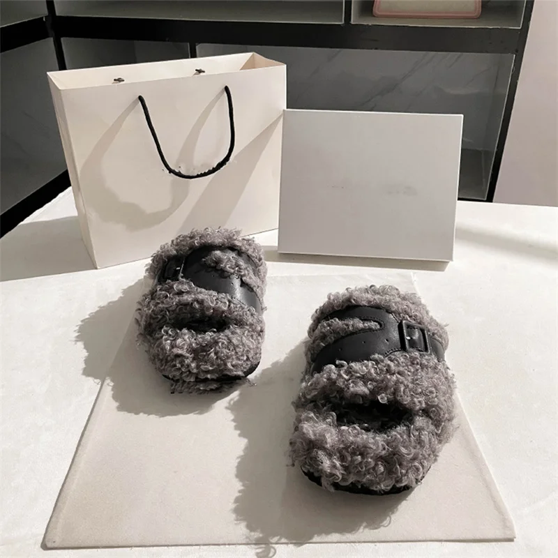 2023 Winter New Wool Slippers Fashion Soft Warm Comfortable Flat Slippers Brand Designer Casual Home Flat Slippers