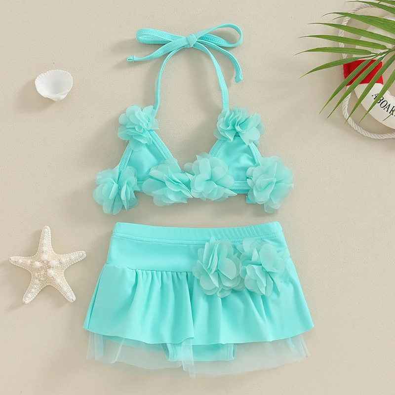 0-24M Baby Girl Swimsuit 2 Piece Bikini Set Halter Neck 3D Flower Tie Up Tops + Elastic Waist Shorts Sheer Mesh Bathing Suit