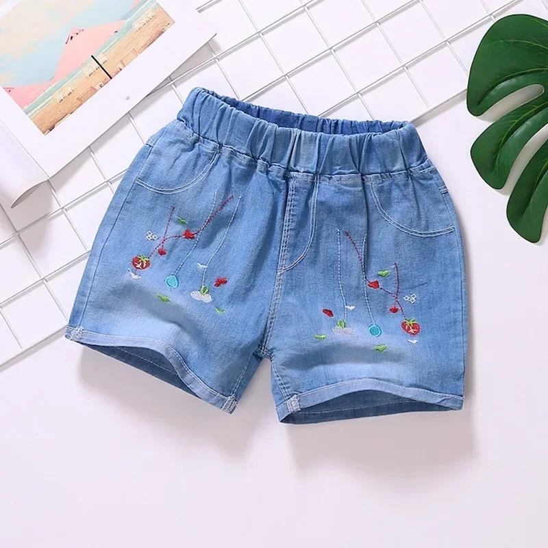 Girls Shorts Jeans Kids Eastic Band Short Pant Summer 2 To 12 Yrs Children's Clothing Teenagers Cartoon Embroidery Trousers