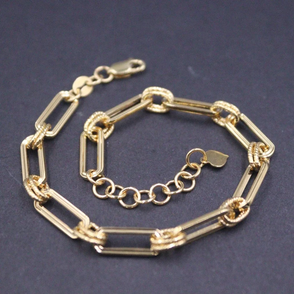 여성용 진짜 순수 18K 옐로우 골드 체인, 행운의 사각형 케이블, 타원형 링크 팔찌, 4.2g / 19cm