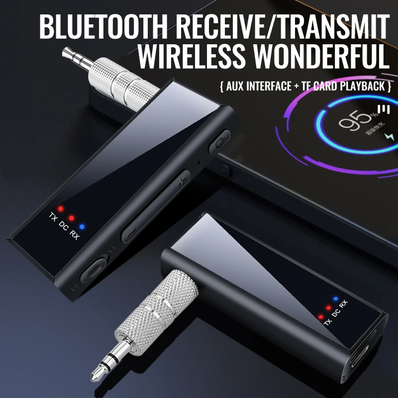 Bluetooth 5.4 Audio Transmitter Receiver 3.5MM AUX Stereo Music Wireless Adapter Mic Support TF Card Play Car TV PC