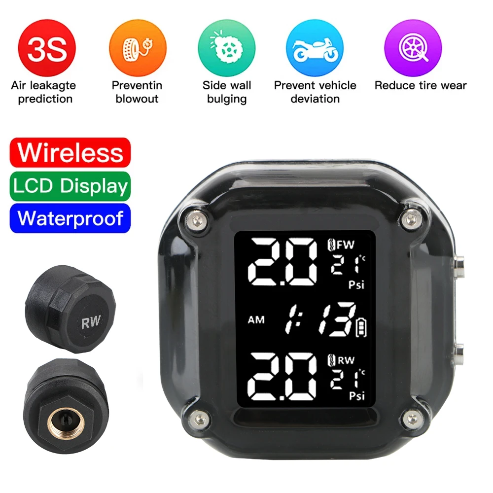 Motor Tire Pressure Monitoring Alarm System With 2 External Sensors LCD Display Motorcycle TPMS